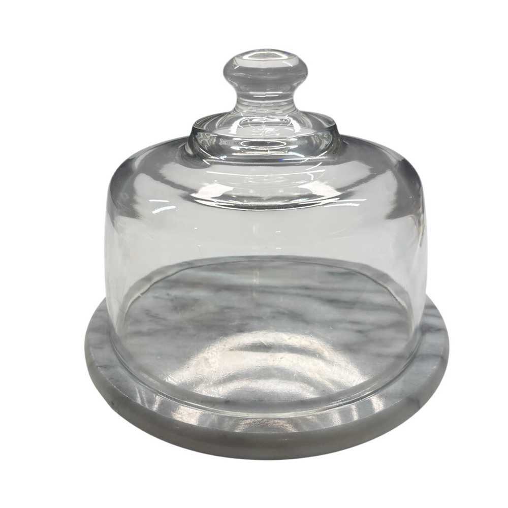Vintage Cheese Dish Glass Domed Cloche Butter Marble Base Bread Fruit Desert 7"